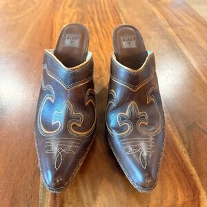 Frye Brown Leather Mules with Tan Stitching